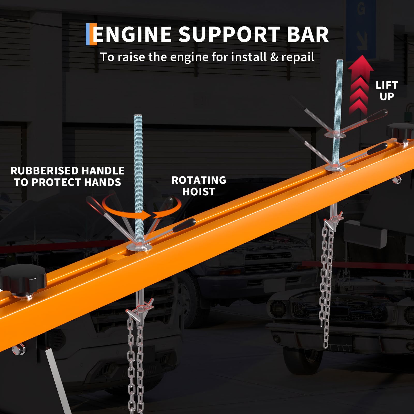 Garvee Engine Support Bar, 1100 lbs Capacity Transverse Motor Lift Hoist with Dual Hooks, 2-Point Holder for Home Garage and Auto Repair Shop, Orange
