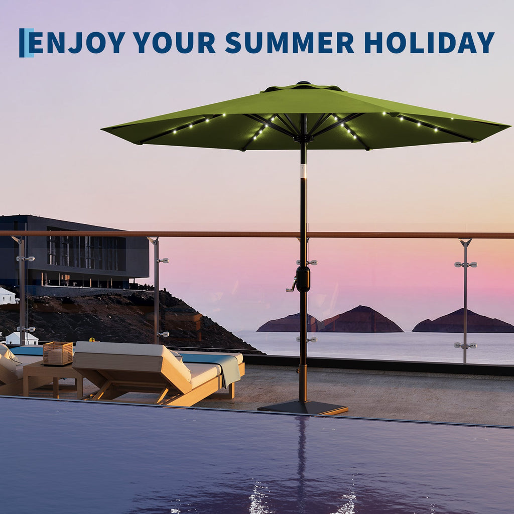 Garvee 9FT Solar LED Patio Umbrella with 32 Lights, Tilt & Crank Outdoor Market Umbrella, UV & Water Resistant, 8 Ribs Sunshade for Garden, Deck, Pool & Table, Green