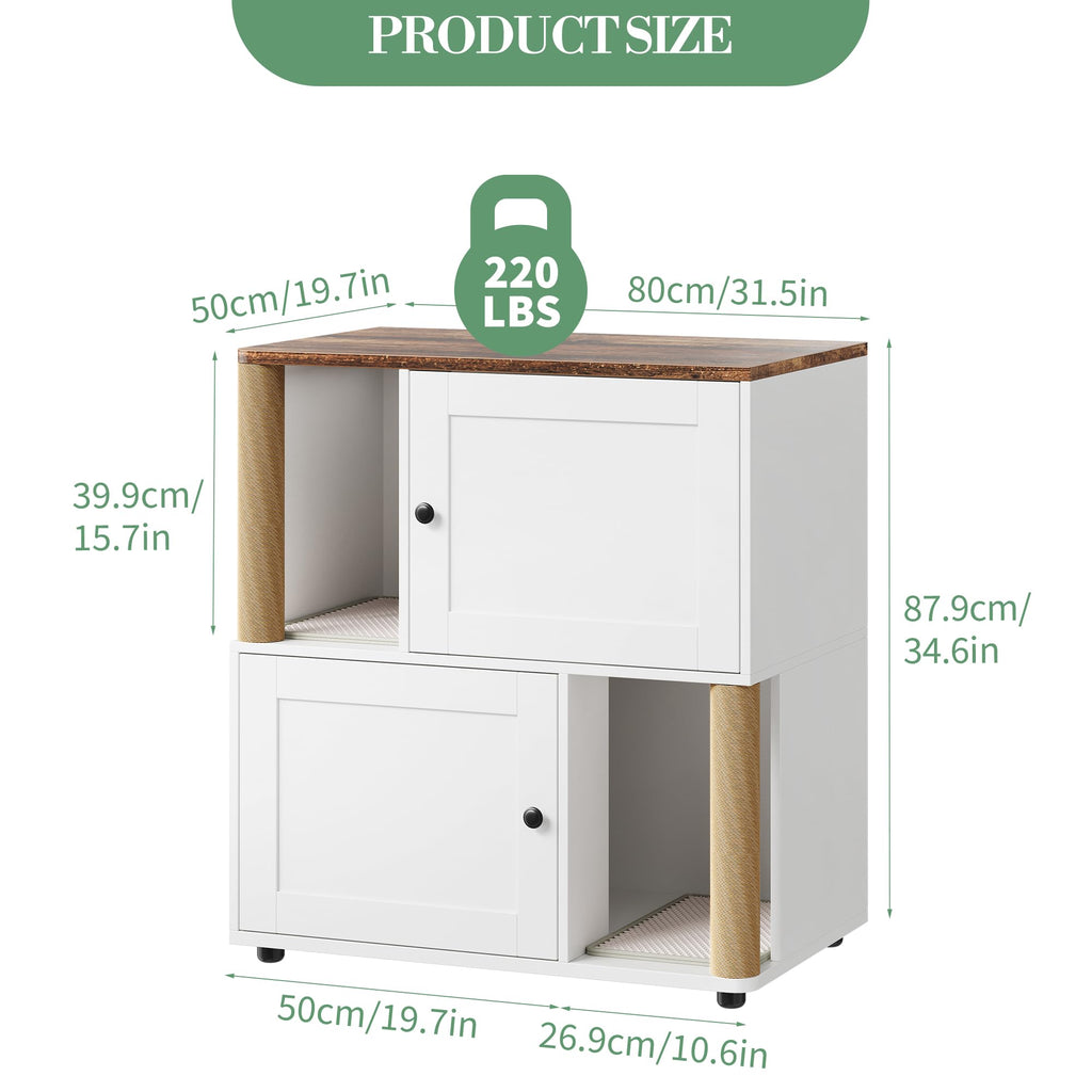 Garvee Double Cat Litter Box Enclosure for 2 Cats – 2-Tier Farmhouse Wooden Cabinet with Sisal Mark Posts, Litter Mats, Hidden Washroom, Odor Control, End Table Design – Basic Deep Walnut Wood