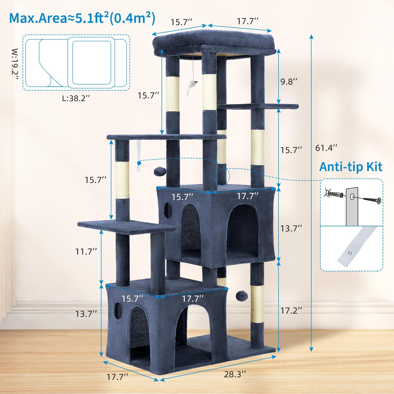 Garvee 61" Multi-Level Cat Tree for Indoor Cats, Heavy-Duty Tower for Large Adult & Maine Coon Cats with Oversized Perch, Dual Condos, Natural Sisal Scratching Posts & Play Toys – Blue