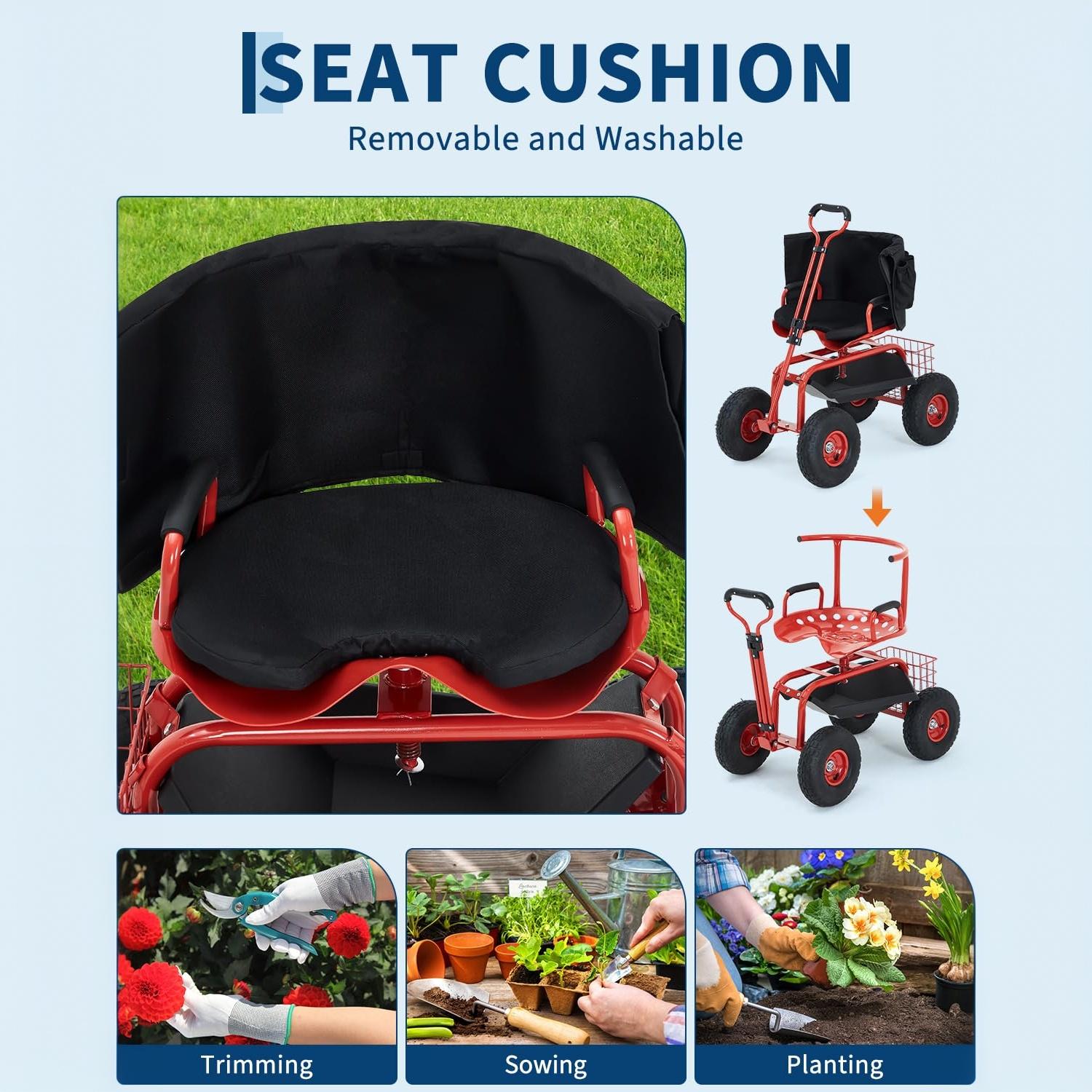 Garvee Rolling Garden Work Seat with Wheels, 360° Swivel Gardening Cart with Extendable Steering Handle, Tool Tray, Storage Basket & 10" Inflatable Tires, 400 lb Capacity Garden Scooter for Yard, Patio & Outdoor Use