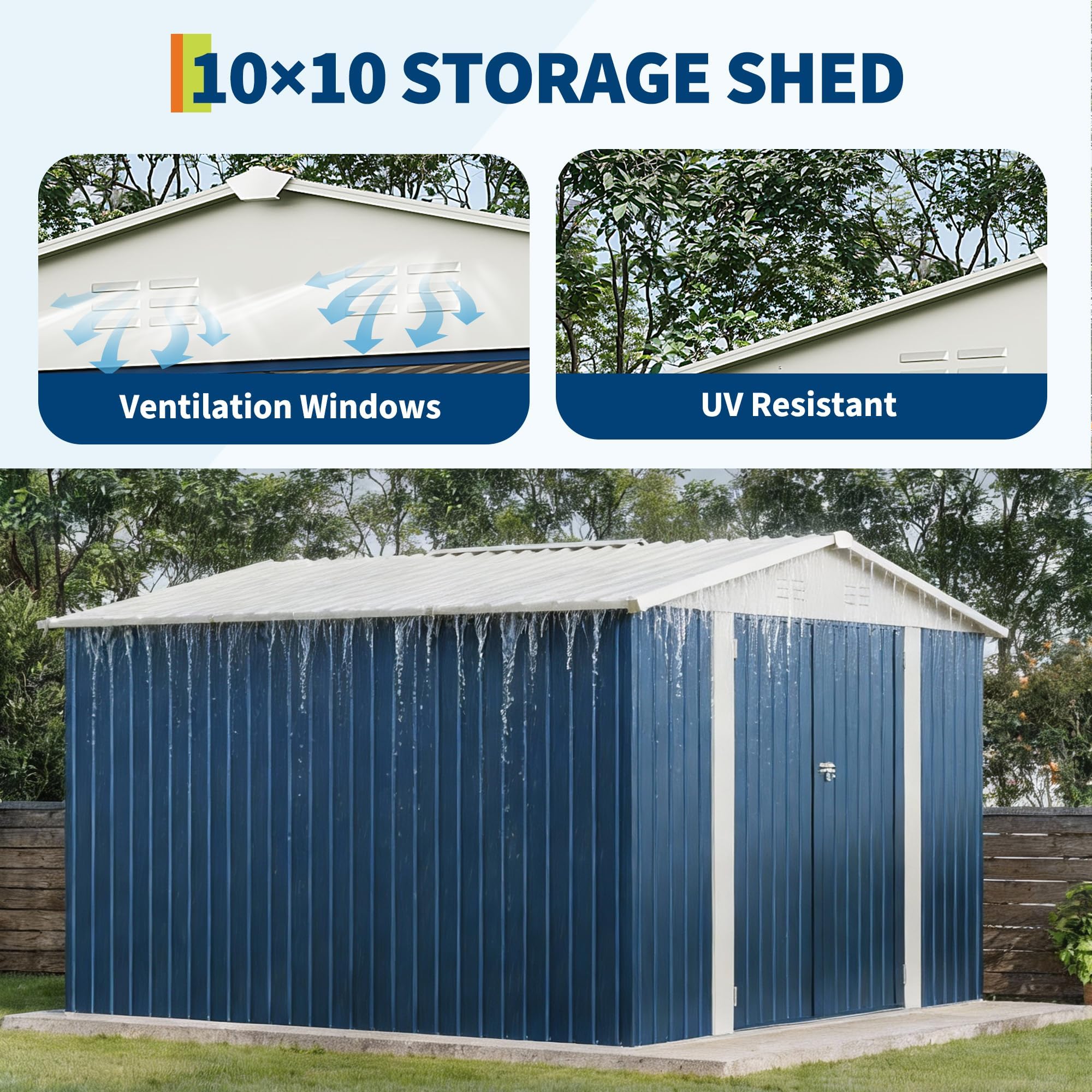 Garvee 10' x 10' Blue Metal Outdoor Storage Shed, 540 Cu.Ft. Galvanized Steel Garden Tool Shed with Lockable Door, Peak Roof & Air Vents