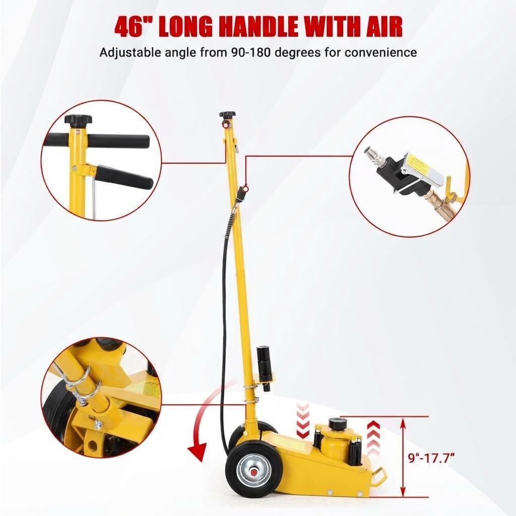 Garvee Air Hydraulic Floor Jack, 22-Ton(44,000 LBS) Low Profile 9 Inch Heavy Duty Jack for Trucks & Tractors, Dual Power Air/Manual Hydraulic with 4 Adapters, Adjustable 46" Handle & Rubber Wheels