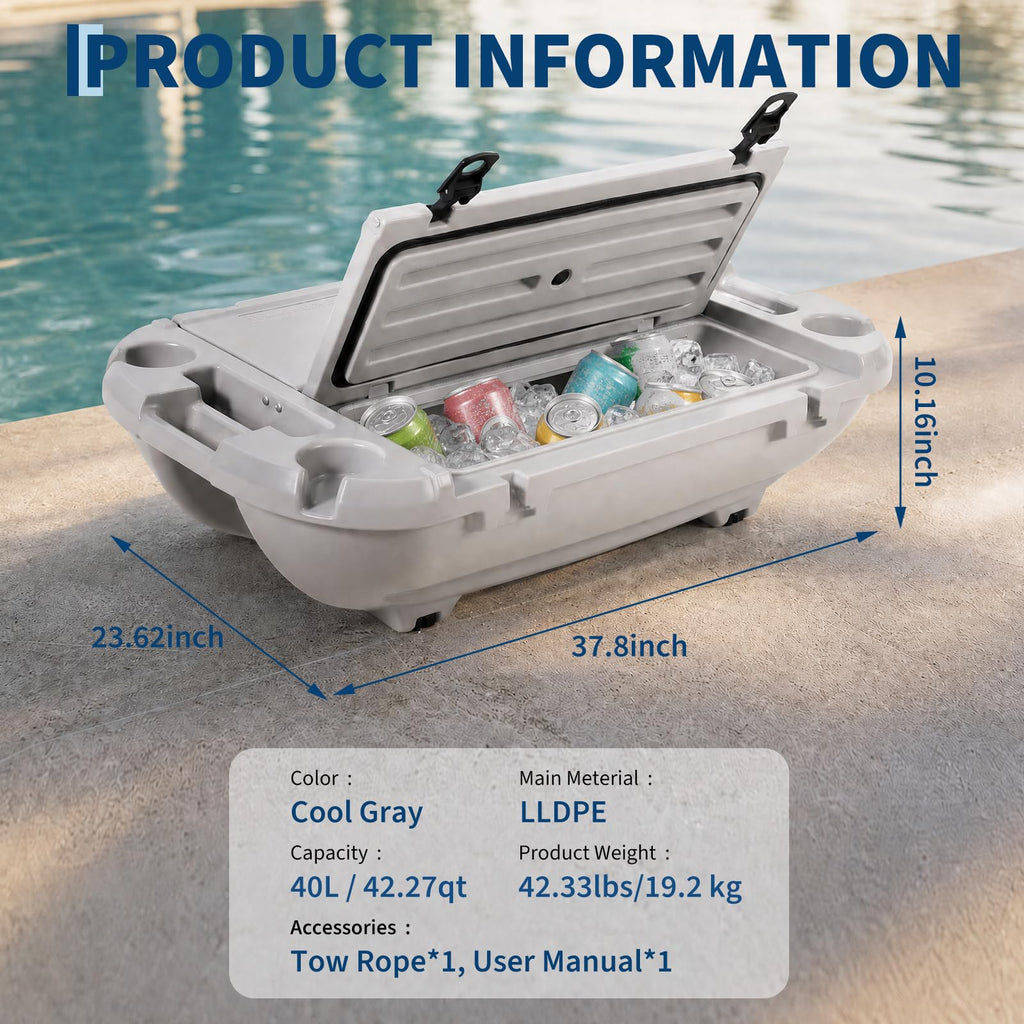 Garvee 40L Floating Cooler for River, Lake & Pool, 42.5QT Rotomolded LLDPE Ice Chest with Tow Rope & 4 Cup Holders, Heavy-Duty Drift Marine Beverage Cooler for Kayak, Boating, Camping, Cool Gray