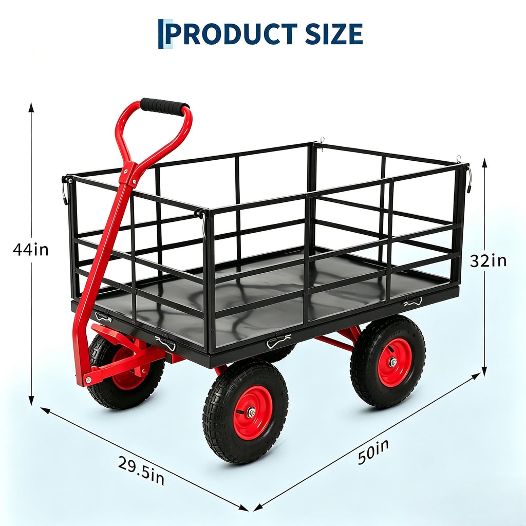 Garvee Steel Garden Cart for Lawn and Landscaping, 1500 lbs Capacity with 13-Inch Wheels, Removable Sides and Swivel Handle, Red and Black