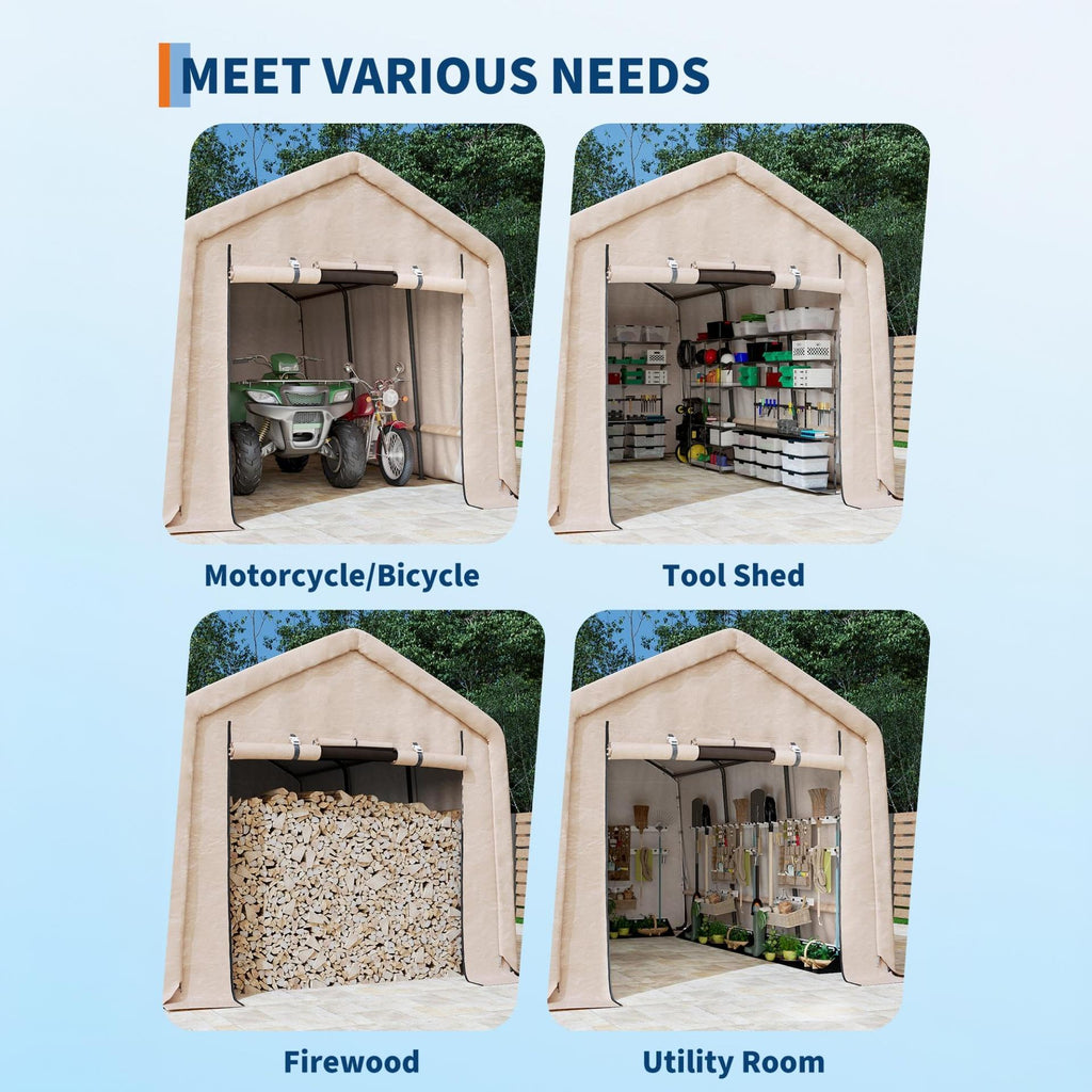 Garvee Portable Storage Shed for Motorcycles and Garden Tools, 10 × 15 FT with 240G Waterproof PE Tarp, Roll-Up Door and Vent, Khaki