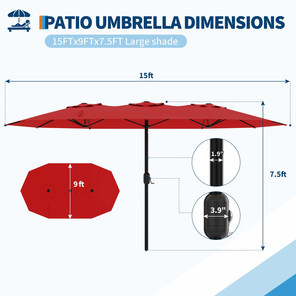Garvee 15' Double-Sided Rectangular Patio Umbrella with Base, Large Outdoor Pool Umbrella, Red