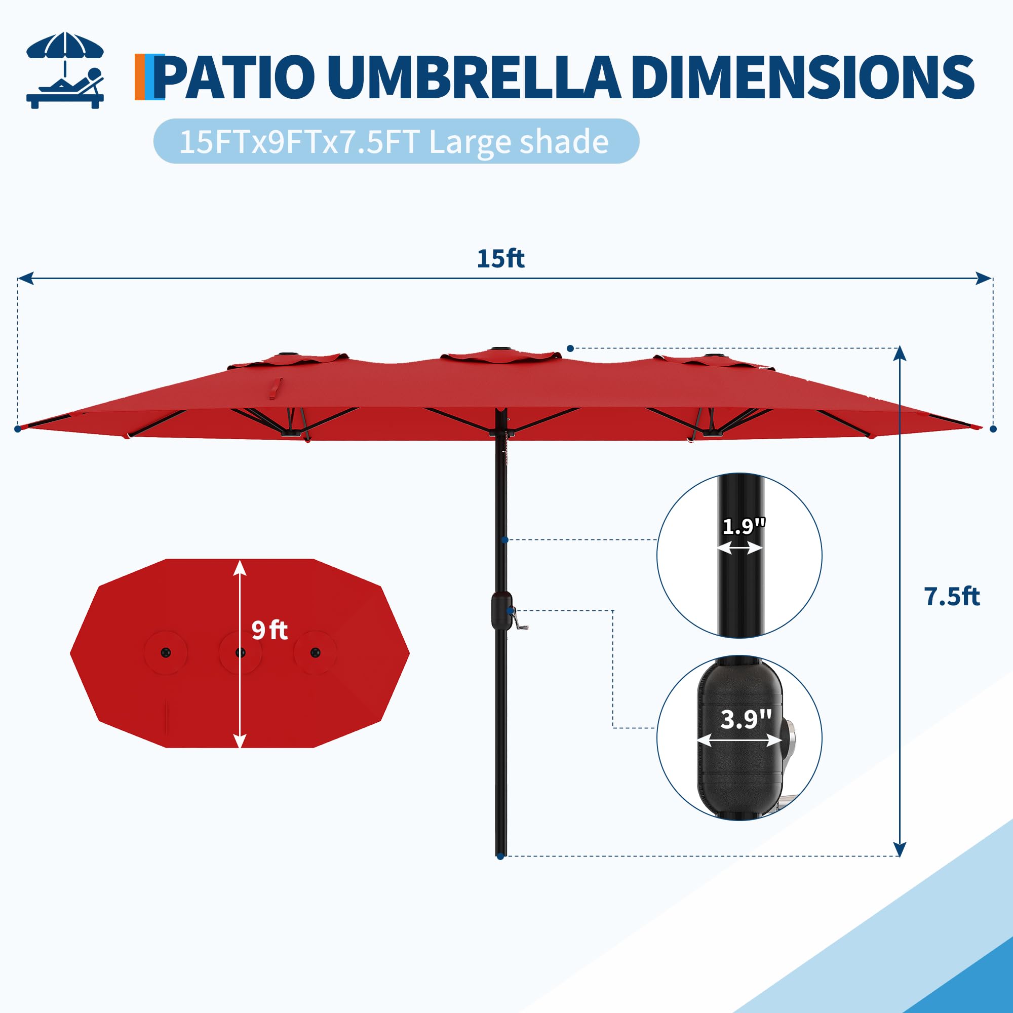 Garvee 15' Double-Sided Rectangular Patio Umbrella with Base, Large Outdoor Pool Umbrella, Red