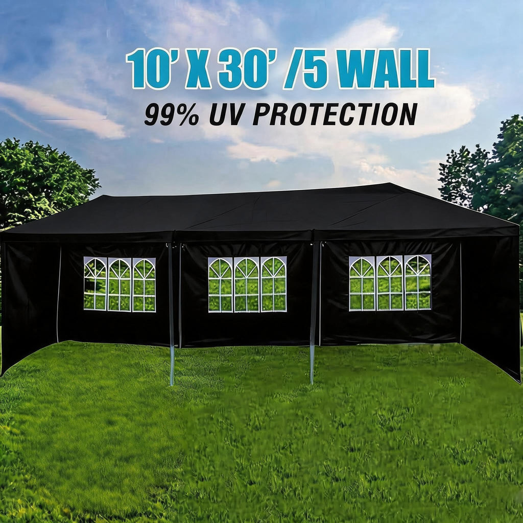 Garvee 10' × 30' Outdoor Party Tent with 5 Removable Sidewalls, Waterproof Canopy, Wedding Gazebo for Backyard, Patio, BBQ and Events, Black