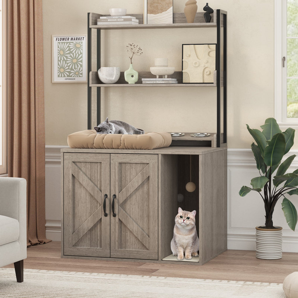 Garvee 55" H Cat Litter Box Enclosure Hidden Litter Box Furniture, Wooden Cat House with 2 Storage Shelves and Charging Sockets, Large Indoor Cabinet for Living Room Entryway, White