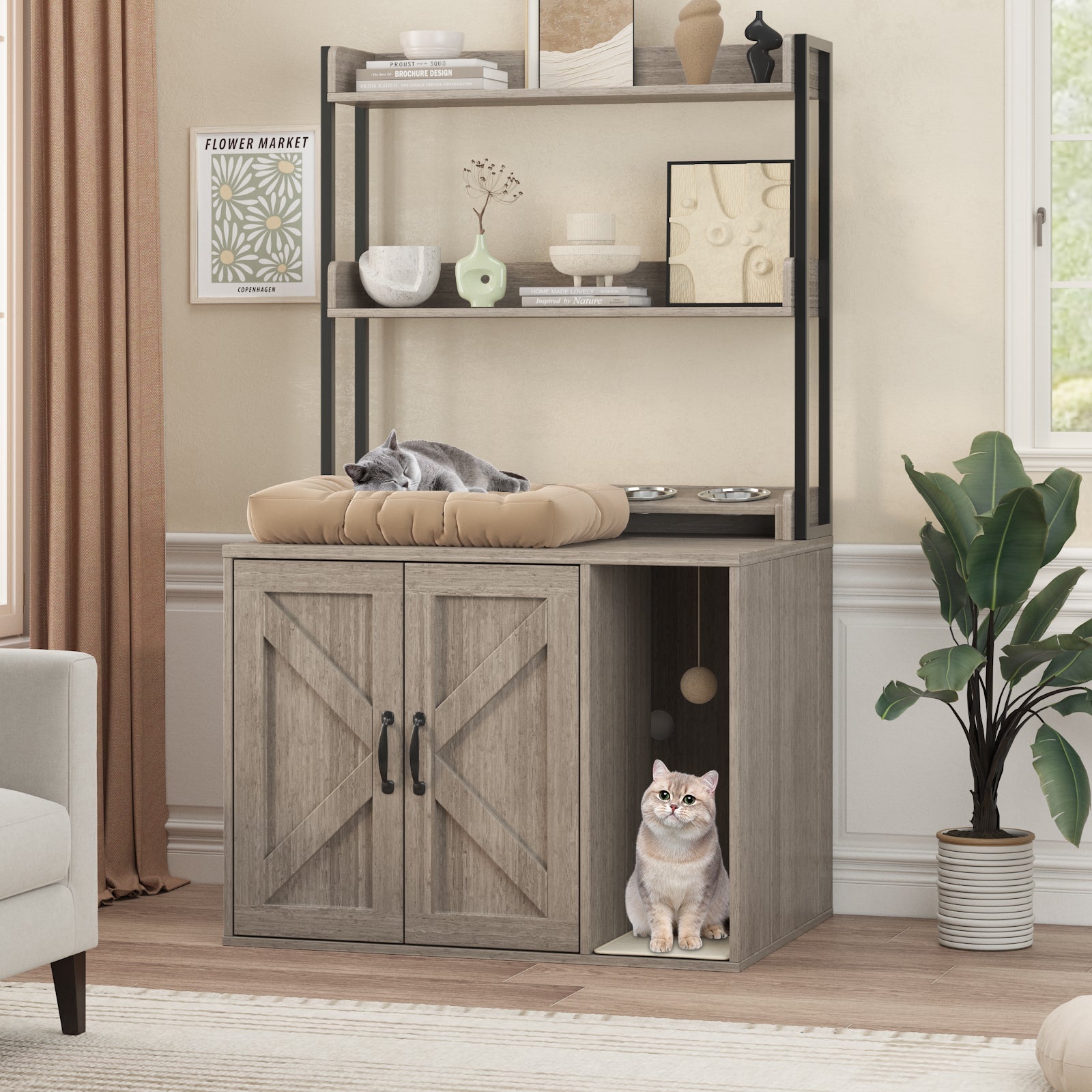 Garvee 55" H Cat Litter Box Enclosure Hidden Litter Box Furniture, Wooden Cat House with 2 Storage Shelves and Charging Sockets, Large Indoor Cabinet for Living Room Entryway, White