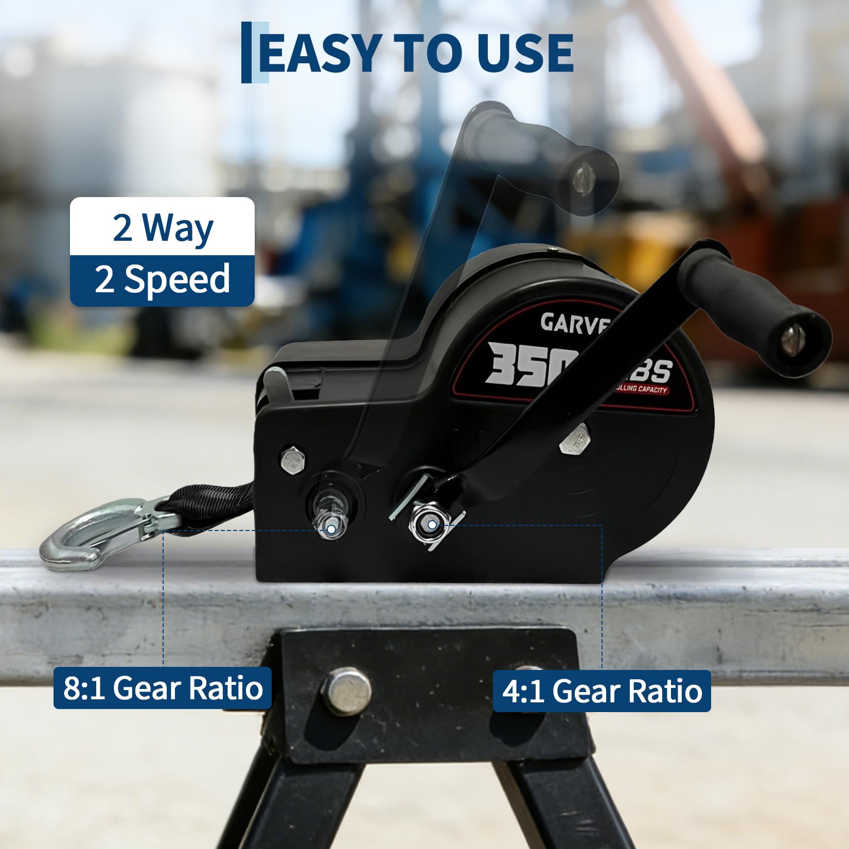 Garvee 3500 lbs Heavy-Duty Boat Trailer Winch - Hand Crank Winch with 33ft Strap, 4:1/8:1 Gear Ratio for Towing and Pulling Boats, Trailers, Trucks, RVs, ATVs, Jet Skis, and Off-Road Recovery, Black