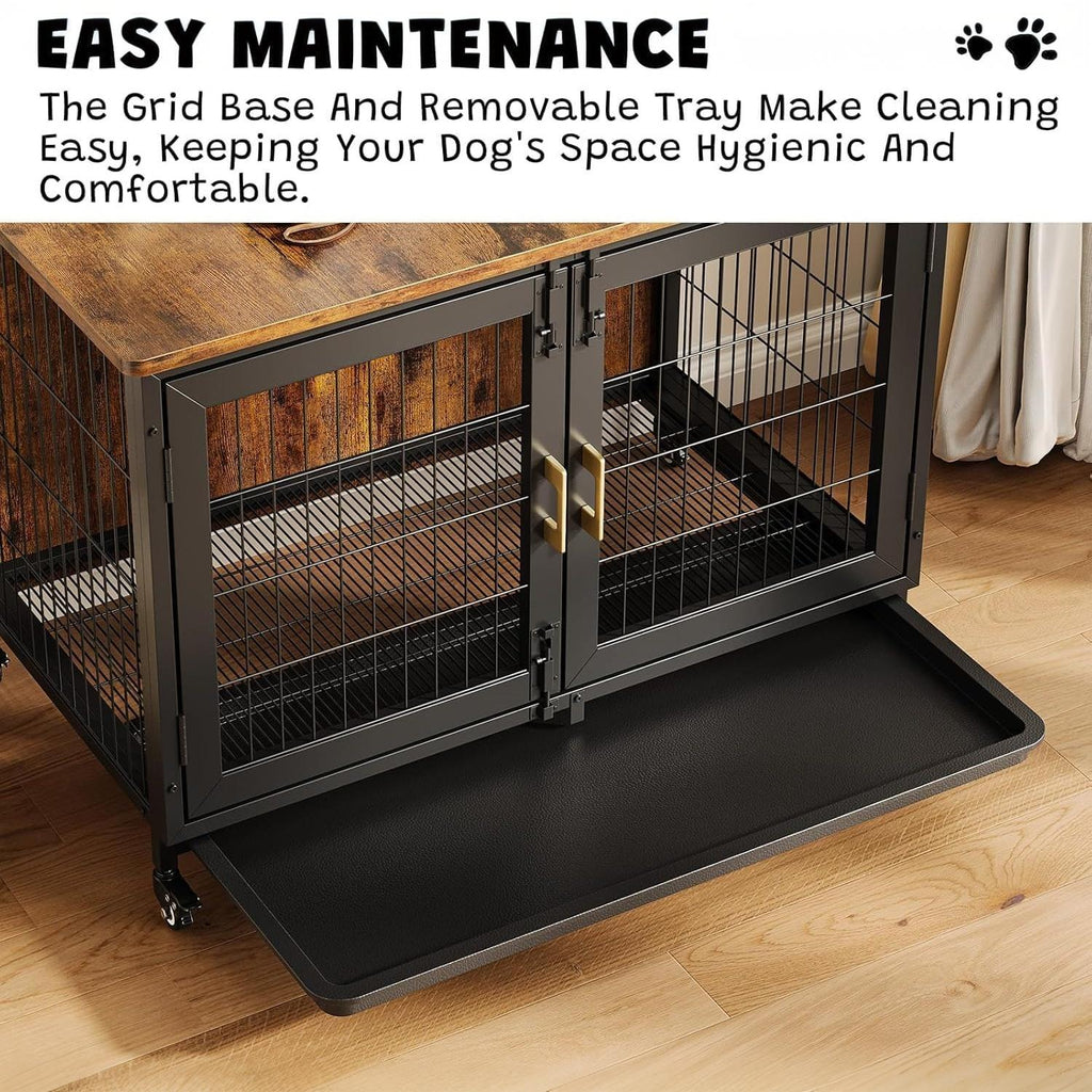 Garvee 37.5" Heavy Duty Dog Crate Furniture with Durable Steel Frame, Removable Tray, Locking Wheels, 300lb Capacity Indoor Kennel for Large Dogs, Multi-Functional Pet Cage & Storage Table