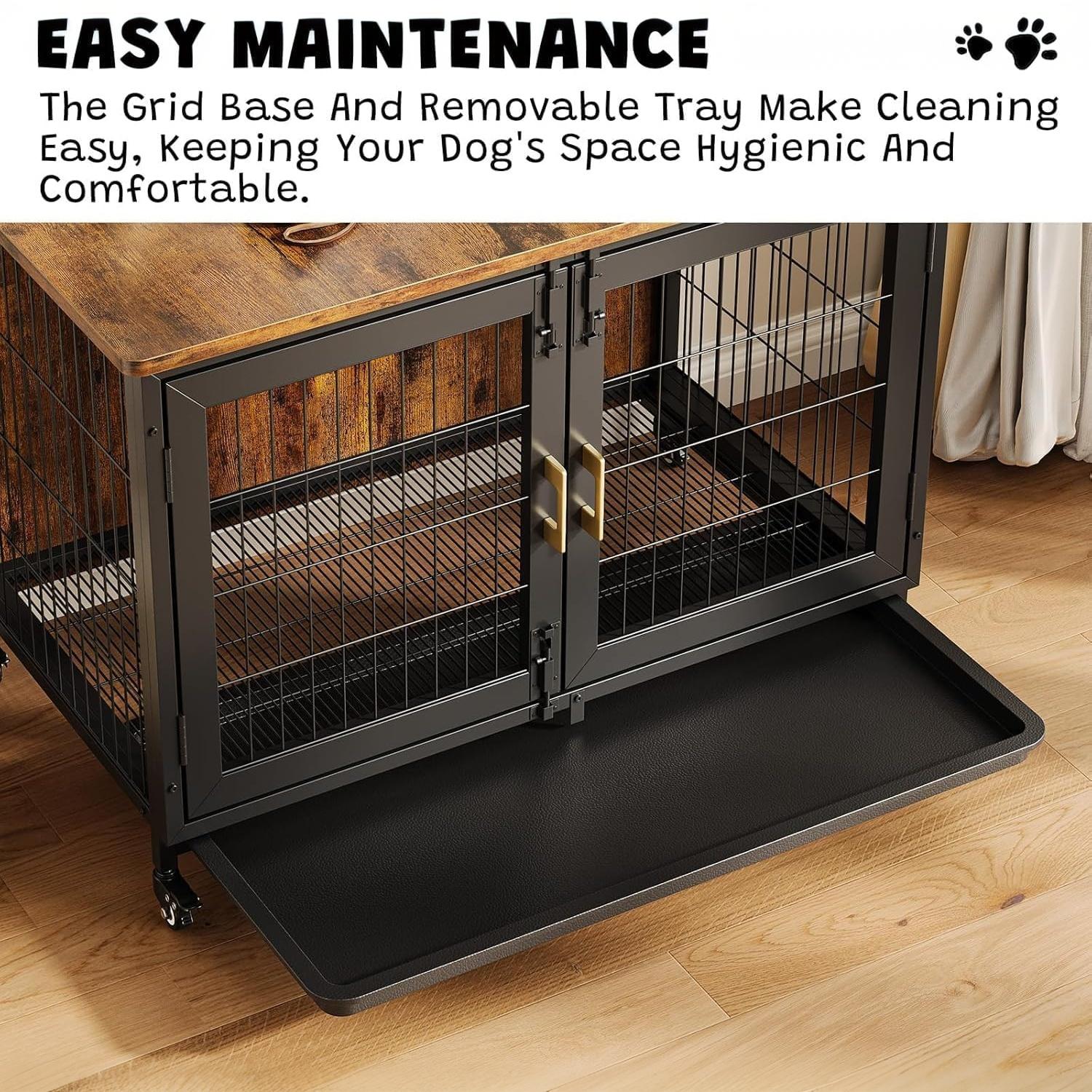 Garvee 37.5" Heavy Duty Dog Crate Furniture with Durable Steel Frame, Removable Tray, Locking Wheels, 300lb Capacity Indoor Kennel for Large Dogs, Multi-Functional Pet Cage & Storage Table