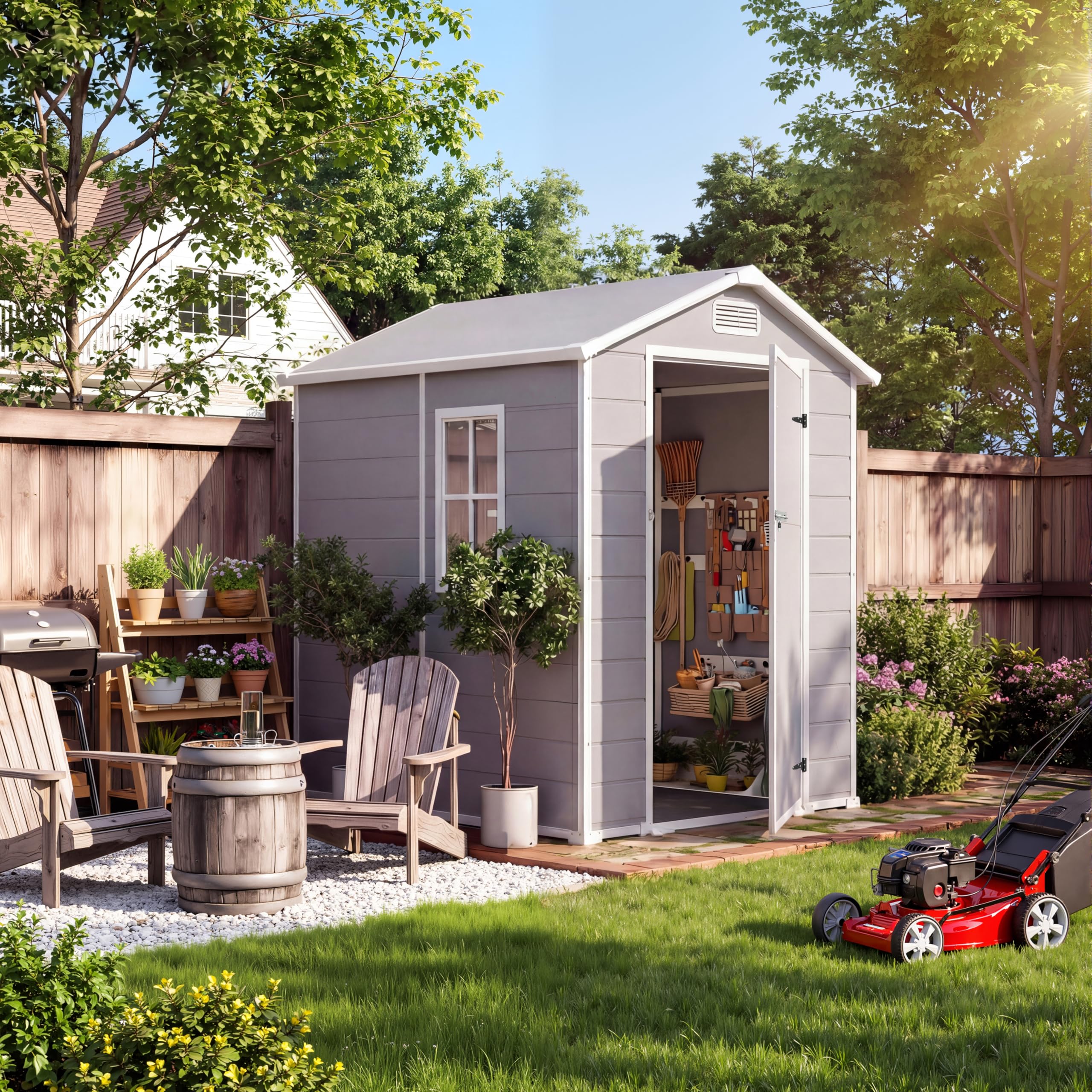Garvee Durable Waterproof Resin Outdoor Storage Outdoor Storage with Floor – 4x6 FT, Window, Sloped Roof, Lockable Door, Easy Assembly – Perfect for Patio, Backyard, Lawn Mower, Bike & Tool Storage – Light Gray