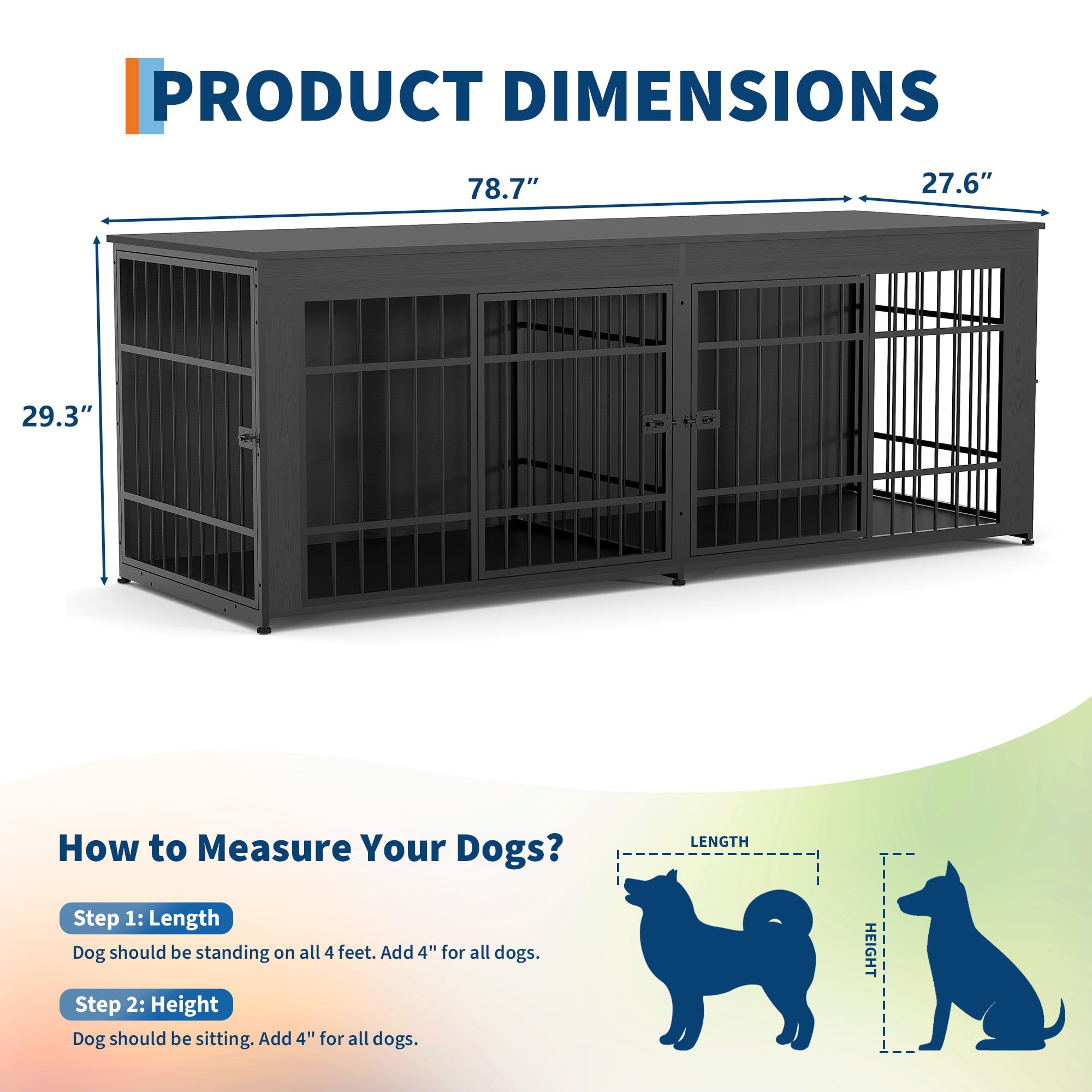 Garvee Heavy Duty Wooden Dog House Furniture – Large 3-in-1 Kennel, 4 Doors, Storage, End Table Style, Adjustable Feet, Vintage Gray, 6.6ft