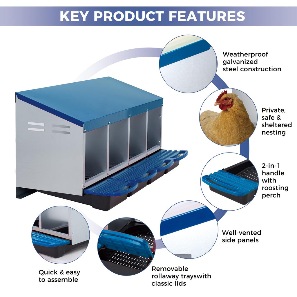 Garvee 4-Compartment Galvanized Steel Chicken Nesting Box – Roll-Away Tray & Support Stand, Blue