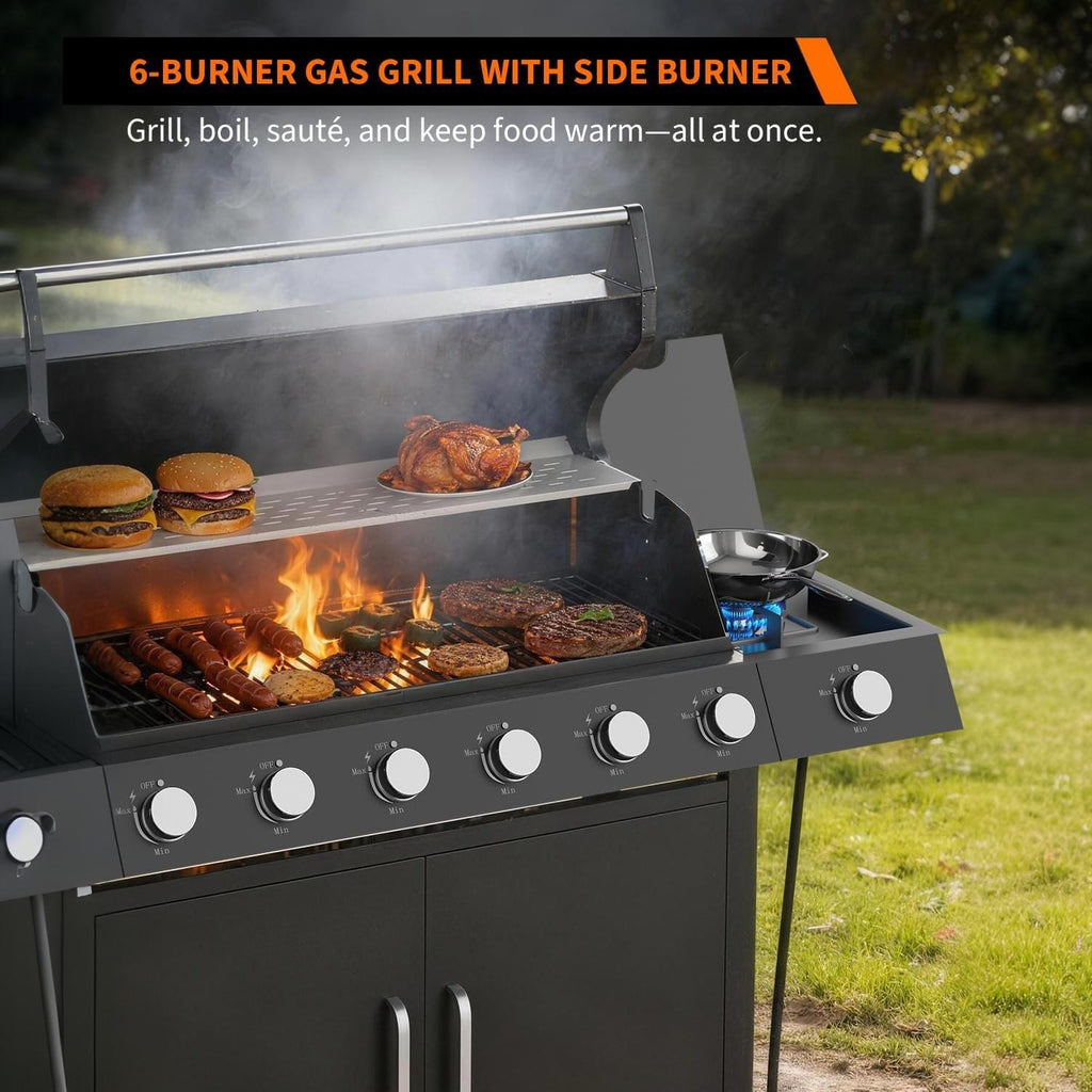 Garvee Superior 6-Disposable Outdoor Gas Grill – Stainless Steel & Cast Iron – Side Disposable – Large Warming Rack – Storage Cabinet – Heavy-Duty BBQ for Patio, Backyard, Family Gatherings –