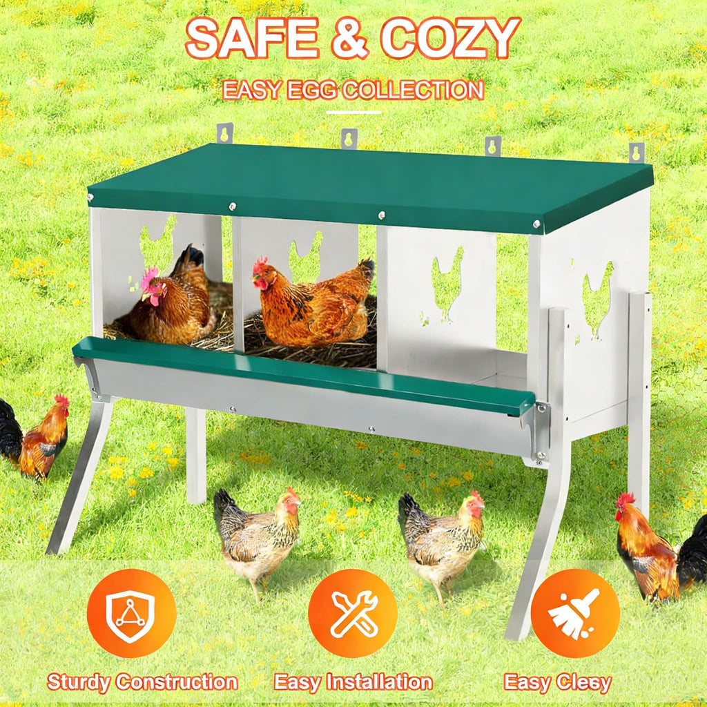 Garvee Stainless Steel Chicken Nesting Box with 3 Compartments, Roll-Away Egg Collection, Weather Resistant, Moisture Pads, Wall Mounted or Free-Standing, Outdoor Poultry Shelter