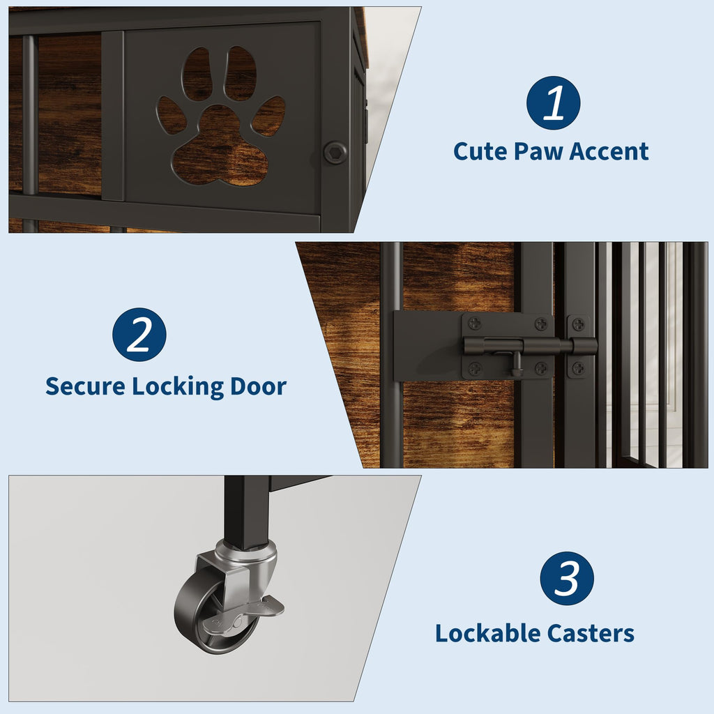 Garvee Modern Triple Door Dog Crate Furniture – 41" Heavy Duty Wooden Kennel with Feeding Bowls & Wheels – End Table Pet Cage for Medium & Large Dogs – Antique Brown