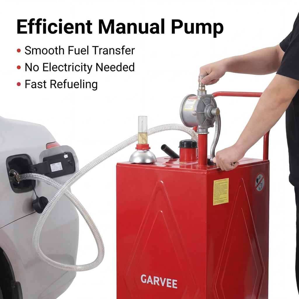 Garvee 30 Gallon Heavy Duty Steel Fuel Caddy with Manual Rotary Pump - All-Terrain 4-Wheel Portable Gas & Fuel Injector Transfer Tank - Leak-Proof Mobile Storage for Trucks, Boats, ATVs, Lawn Mowers, Farm Equipment - Reinforced 4-Wheeler, Red - Li Junjie