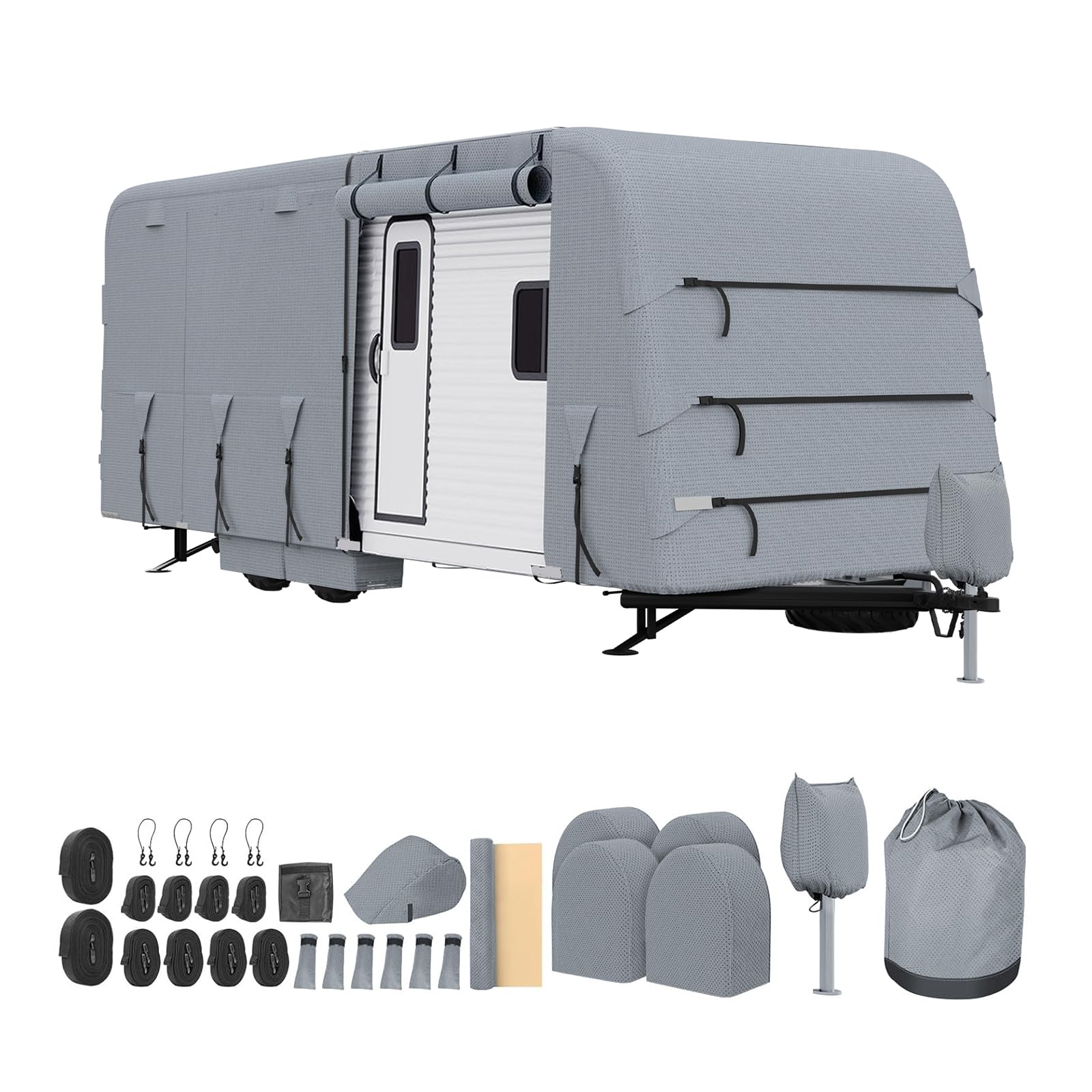 Garvee 30-33FT Heavy-Duty Trailer Cover for Campers, 4-Ply Oxford RV Cover with Waterproof Roof, Breathable Side Vents, UV Protection, Tie-Down Straps, Zipper Access, Tire Covers, and Storage Bag, Grey