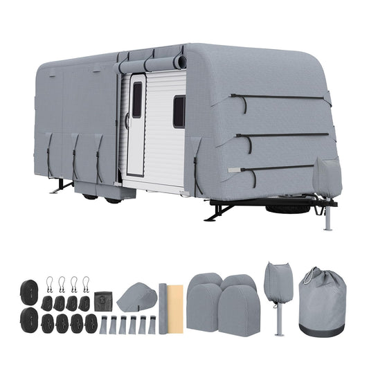 Garvee 22-24FT Heavy-Duty Trailer Cover for Campers, 4-Ply Oxford RV Cover with Waterproof Roof, Breathable Side Vents, UV Protection, Tie-Down Straps, Zipper Access, Tire Covers, and Storage Bag, Grey
