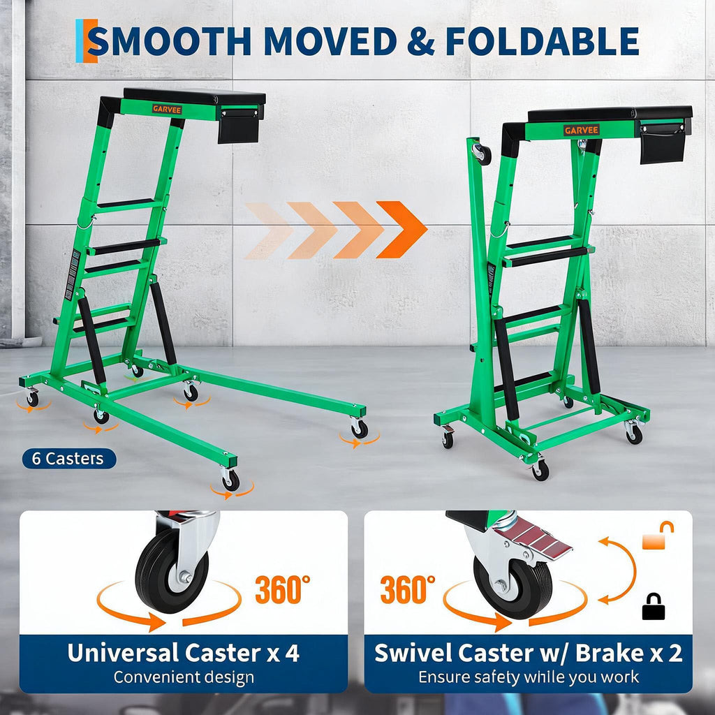 Garvee Heavy Duty Over-Engine Creeper for Mechanics – Adjustable Height 48-68 in, 400 lbs Capacity, Collapsible Design, 6 Swivel Casters, Thick Cushion, Tool Pouch – Ideal for Garage Workshop – Green Engineering (RAL 6024)