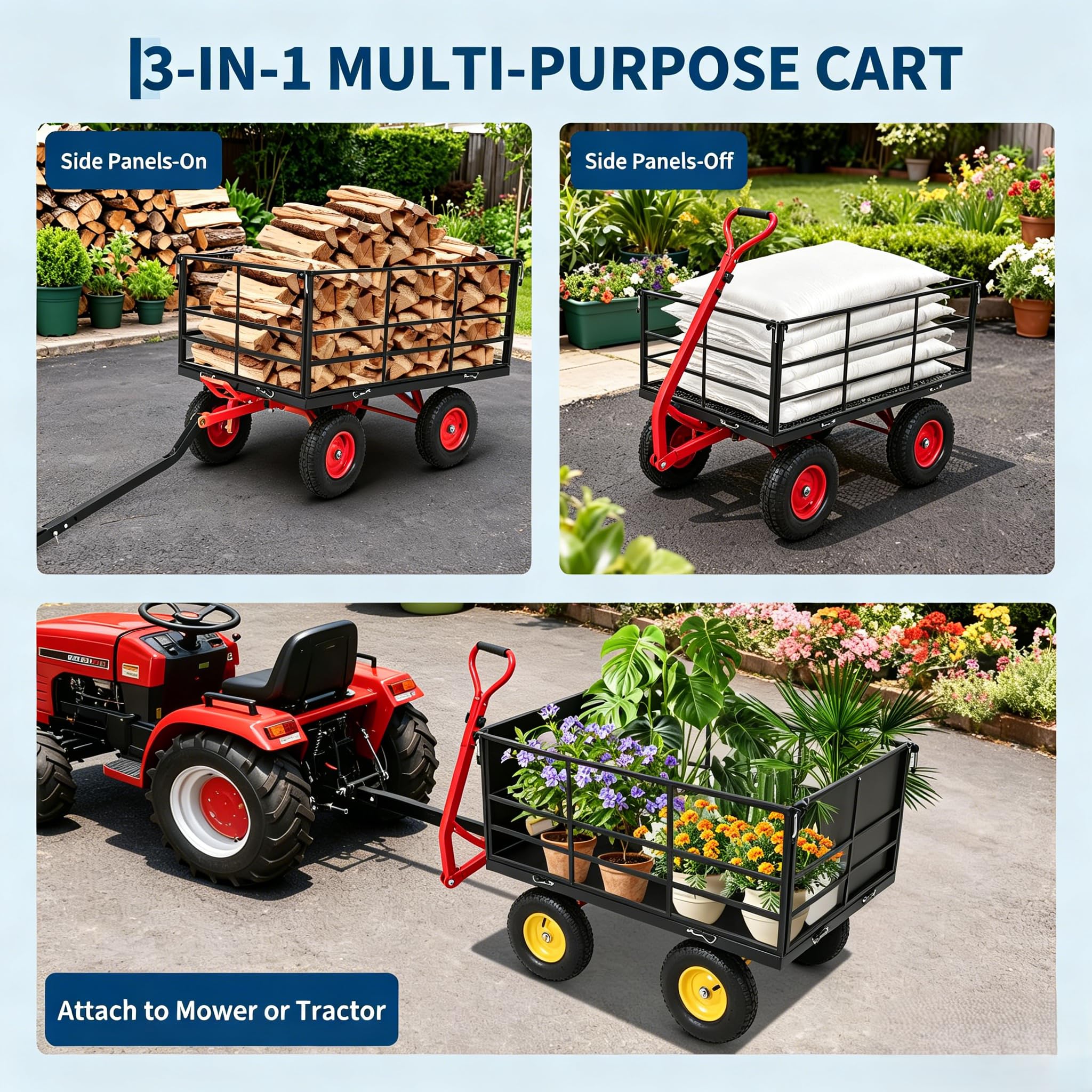 Garvee Steel Garden Cart for Lawn and Landscaping, 1500 lbs Capacity with 13-Inch Wheels, Removable Sides and Swivel Handle, Red and Black