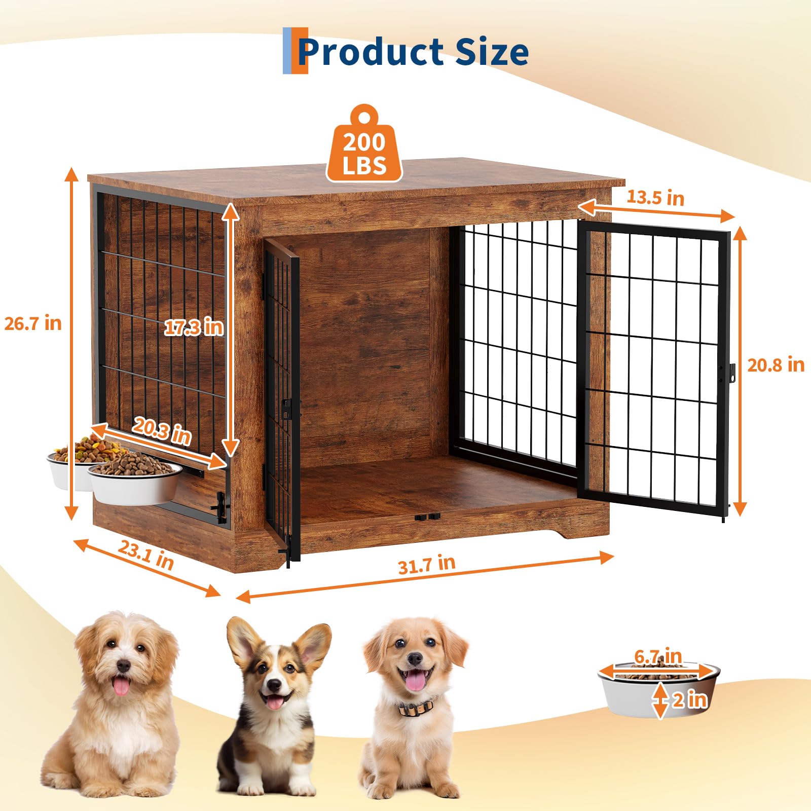 Garvee 32 in Heavy Duty Dog Crate Furniture Rustic Wooden Dog Cage Kennel Indoor Furniture with 2 Rotating Dog Bowls Chew-Resistant Dog Kennel for Small, Medium Dogs