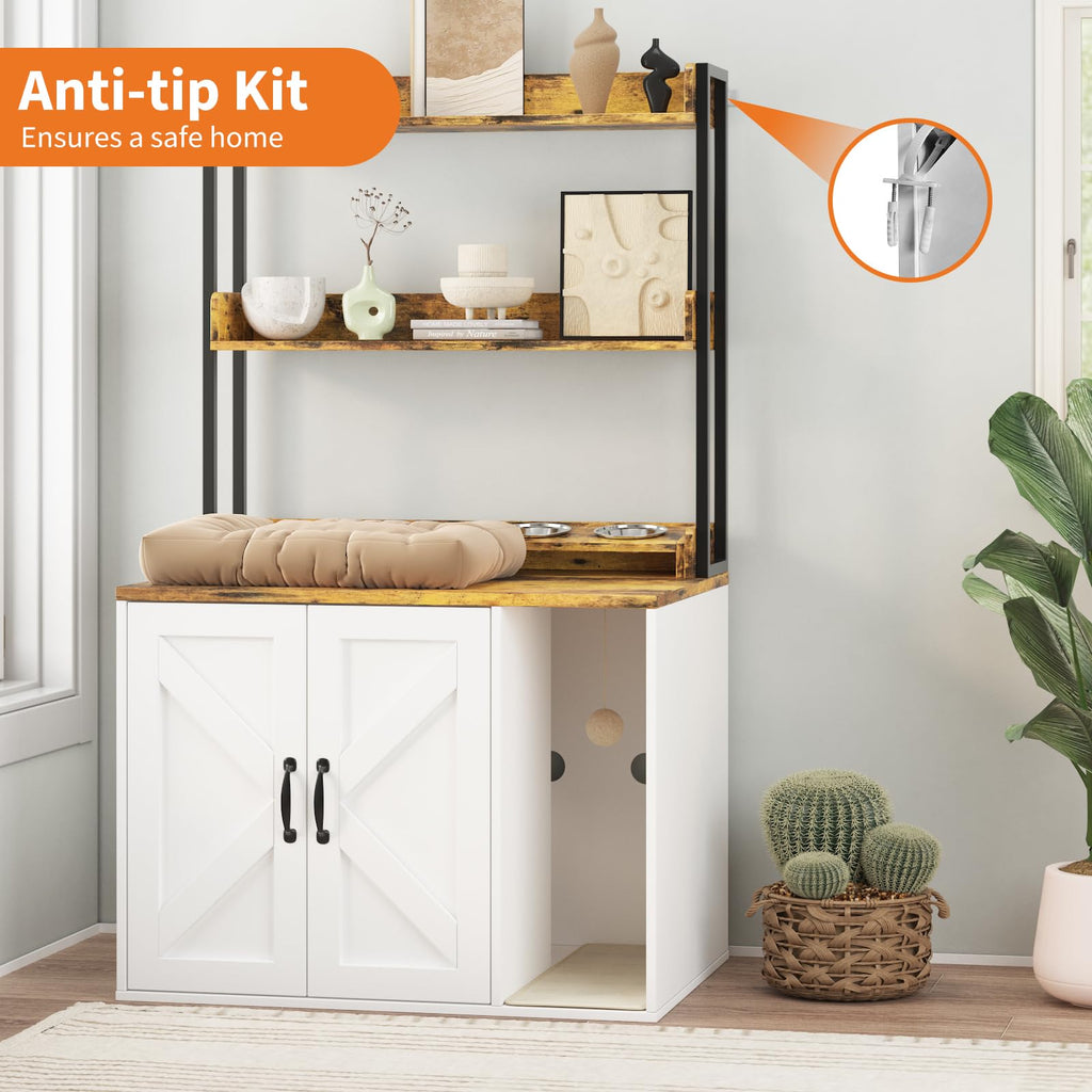 Garvee 55" H Cat Litter Box Enclosure Hidden Litter Box Furniture, Wooden Cat House with 2 Storage Shelves and Charging Sockets, Large Indoor Cabinet for Living Room Entryway, White