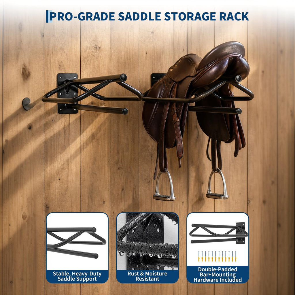 Garvee 2-Pack Heavy Duty Wall Mounted Saddle Rack – Heavy Duty Carbon Steel Tack Organizer Stand with Blanket Bar for English & Western Saddles, Pads, and Blankets (Black)