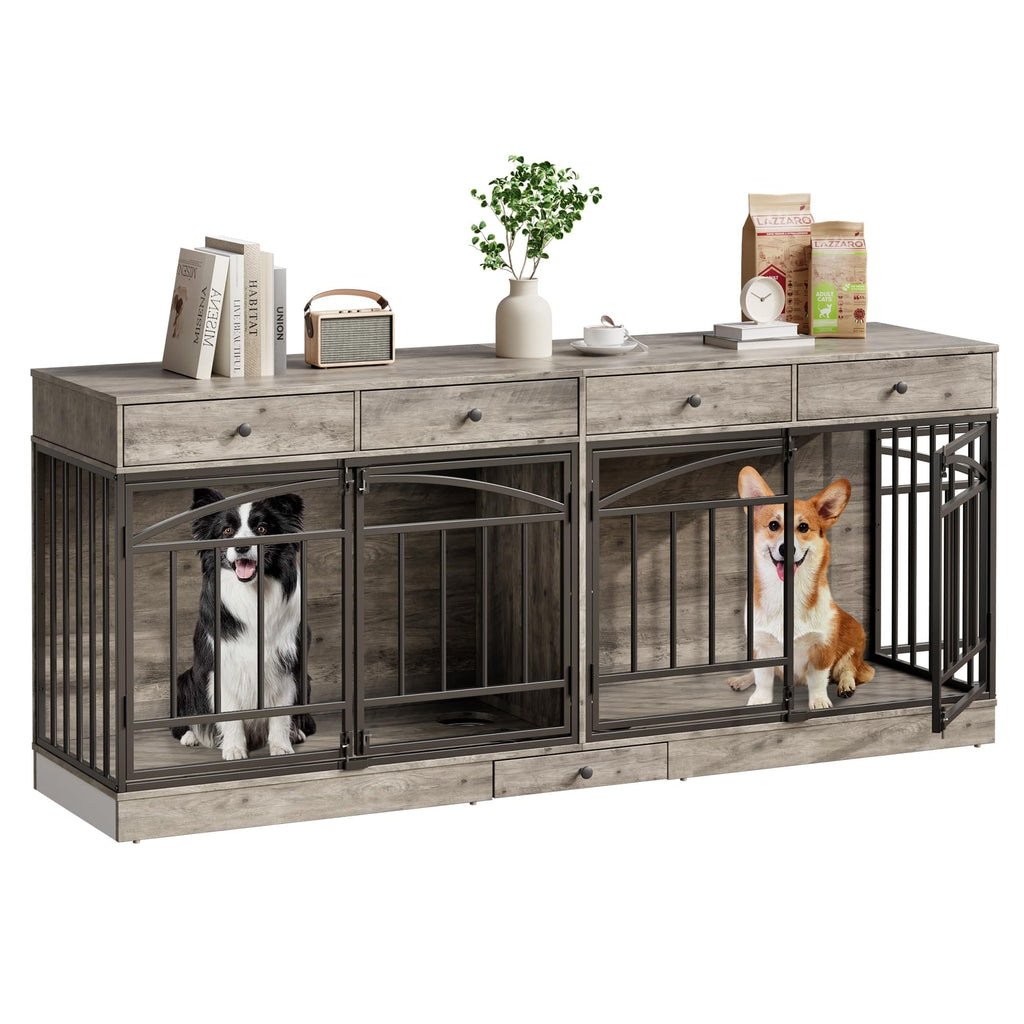 Garvee 78.7" Double Dog Crate Furniture with Storage and 4 Doors, Dog Kennel Indoor with Feeding Bowls, Wood Dog Crate TV Stand for Small Medium Dogs, Gray