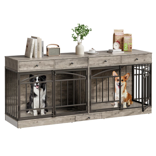 Garvee 78.7" Double Dog Crate Furniture with Storage and 4 Doors, Dog Kennel Indoor with Feeding Bowls, Wood Dog Crate TV Stand for Small Medium Dogs, Gray