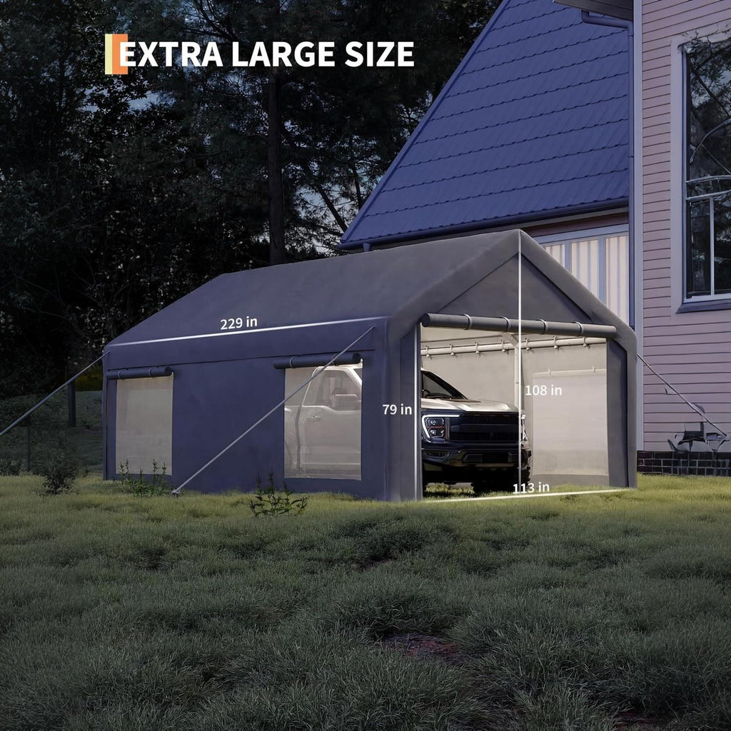 Garvee Portable Garage for Cars & Boats, 10 x 20 FT Steel Carport with 200G PE Canopy, 2 Roll-Up Doors, 4 Windows and Gray Cover