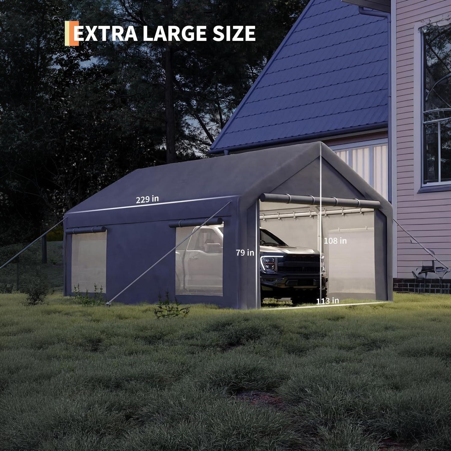 Garvee Portable Garage for Cars & Boats, 10 x 20 FT Steel Carport with 200G PE Canopy, 2 Roll-Up Doors, 4 Windows and Gray Cover