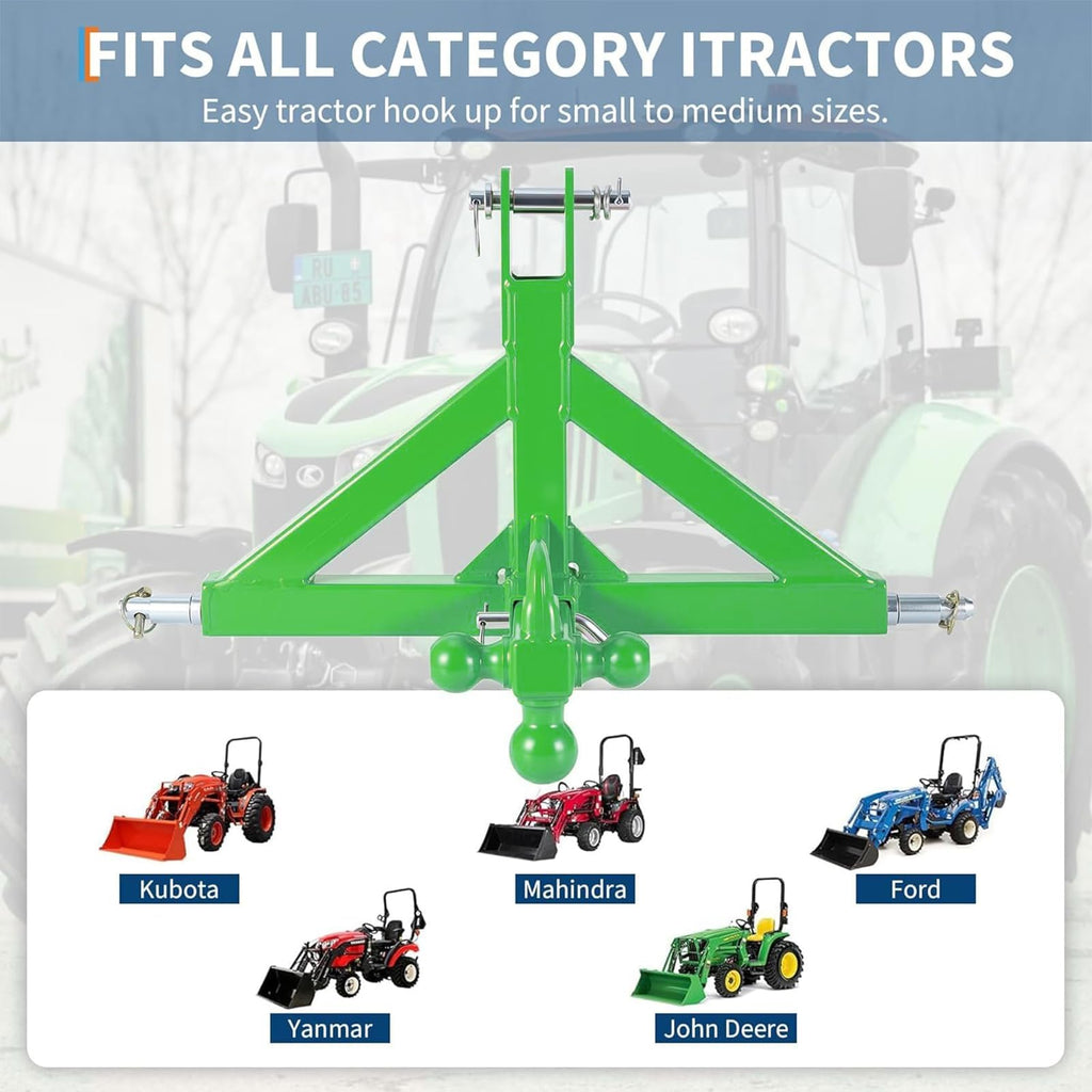 Garvee 3 Point Trailer Hitch 2" Receiver Heavy Duty Cat.1 Towing Ball & Hook Stainless Steel Quick Hitch for Kubota Subcompact Tractor Farm Use