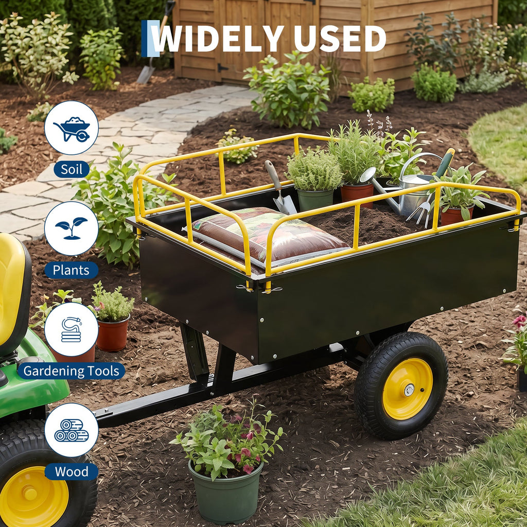 Garvee Yellow Garden Dump Cart, 750 lbs Capacity 15 Cu Ft Heavy Duty Steel Utility Trailer with Removable Sides for ATV, UTV, Lawn Mower & Tractor
