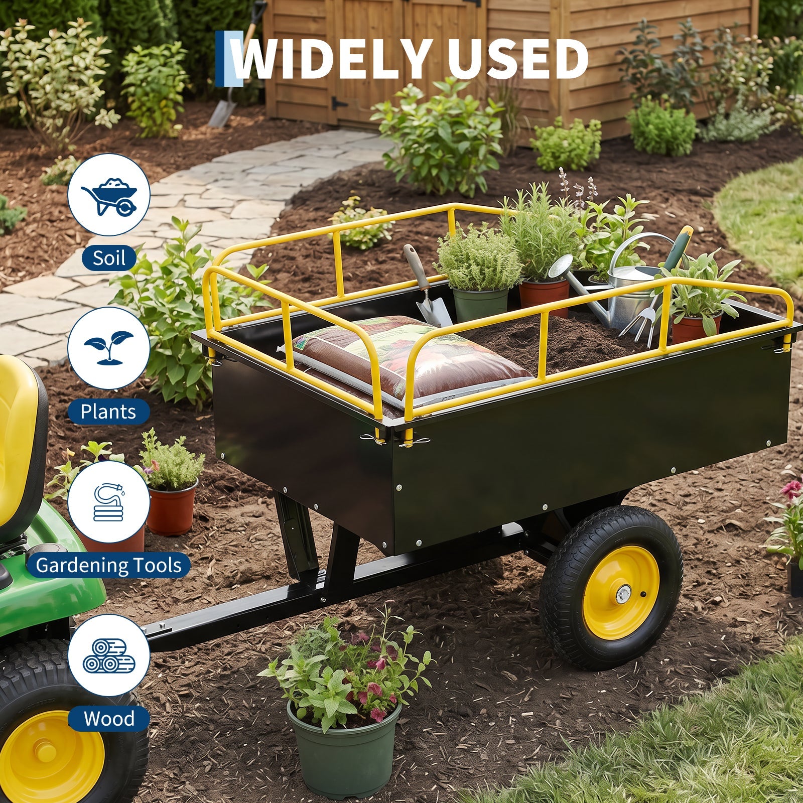 Garvee Yellow Garden Dump Cart, 750 lbs Capacity 15 Cu Ft Heavy Duty Steel Utility Trailer with Removable Sides for ATV, UTV, Lawn Mower & Tractor