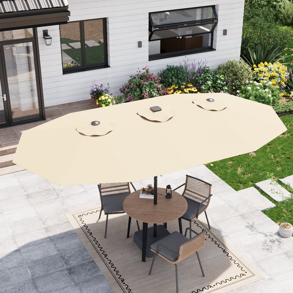 Garvee 15' Rectangular Patio Umbrella with Solar LED Lights & Base, Crank Handle UV-Resistant Outdoor Market Umbrella for Backyard, Pool & Patio, Tan