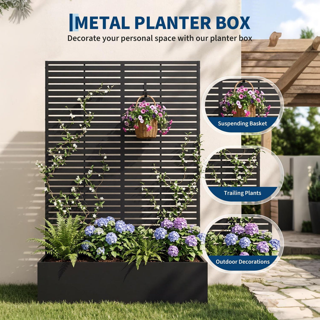 Garvee Raised Planter Box with Trellis for Vines & Vegetables, 71 in All-Weather Metal Garden Bed with Privacy Screen, Drainage Holes and Black Striped Panel