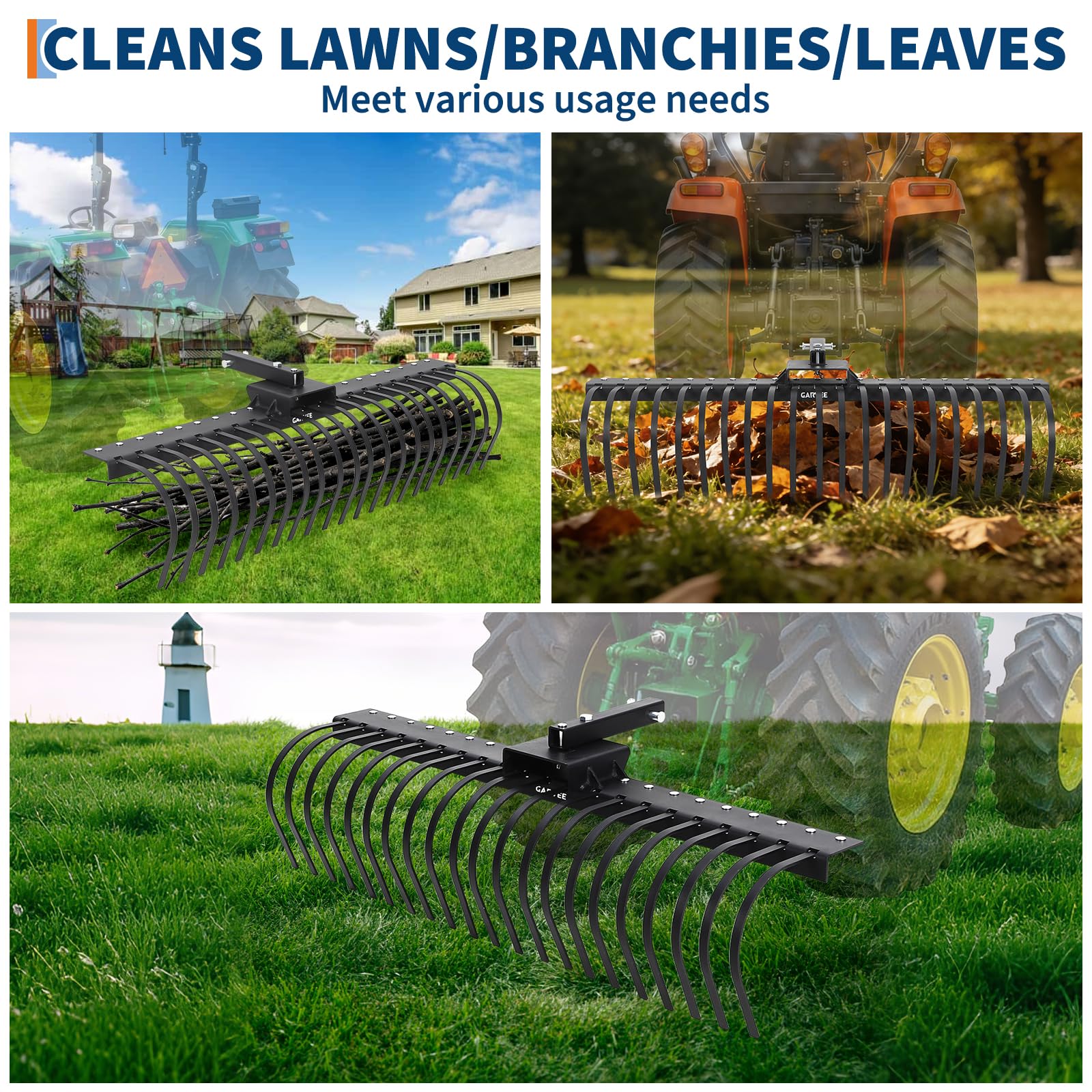 Garvee 60" Tow Behind Landscape Rake with 21 Steel Coil Tines, Heavy Duty Pull Behind Lawn Dethatcher Rake Attaches to 48" or 60" Toolbars and 3-Point Suspension Systems for Leaves, Pine Needles