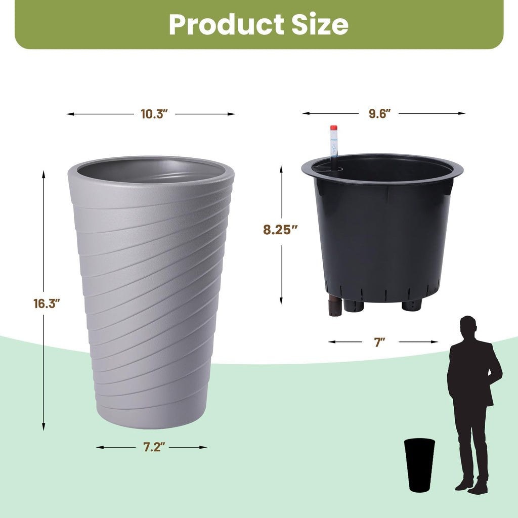 Garvee Self Watering Planters Set of 2, 16.3" Gray Round Plant Pots with Water Level Monitor & Drainage for Porch Patio