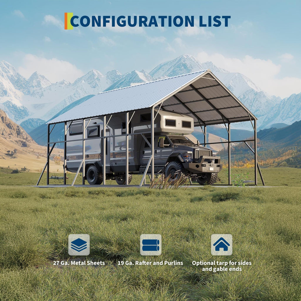 Garvee Metal Carport 20×25 ft, 173" High-Clearance 120° Vertical Roof, 19-Gauge Steel Frame for 2 Cars RV Tractor Shelter
