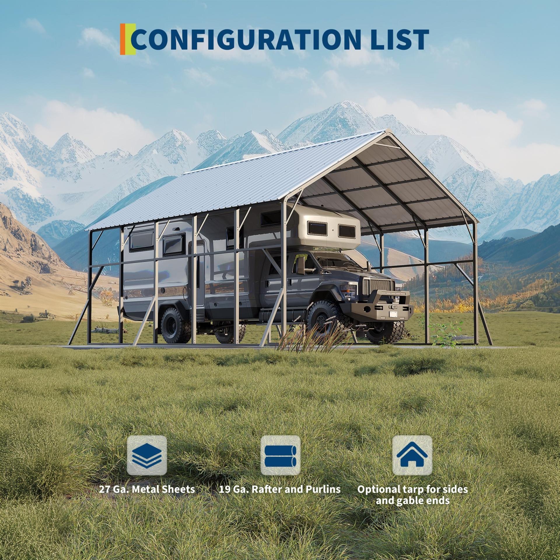 Garvee Metal Carport 20×25 ft, 173" High-Clearance 120° Vertical Roof, 19-Gauge Steel Frame for 2 Cars RV Tractor Shelter