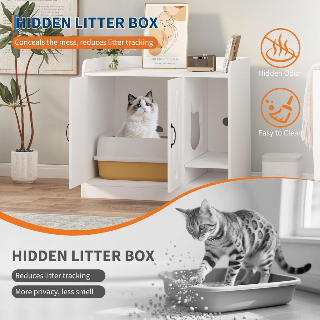 Garvee Cat Litter Box Enclosure, Hidden Litter Box Furniture with Divider, Indoor Cat House, Wooden Cat Washroom Storage Cabinet Bench, Side End Table Nightstand, 33.07"L × 23.62"W × 23.92"H, White