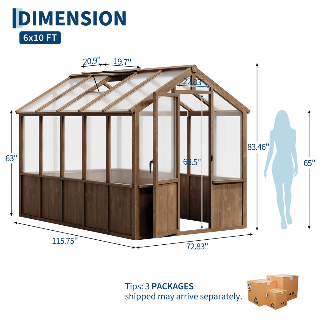 Garvee 6x10 Walk-In Wooden Greenhouse, Heavy Duty Spruce Frame with Polycarbonate Panels, Adjustable Roof Vents & Lockable Door, Outdoor Garden Greenhouse for Backyard, Patio and Lawn, Vintage Color