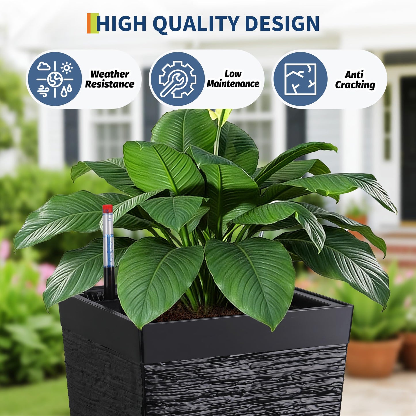 Garvee Self-Watering Tall Planters for Porch and Patio, 2-Pack 22.5-Inch Black Plastic Pots with 2 Water Gauges and Removable Trays