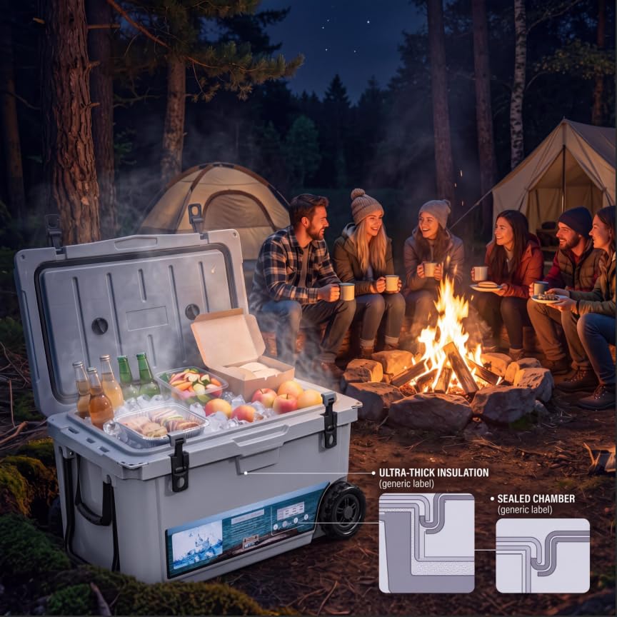 Garvee Extra-Thick Insulated Camping Cooler 70qt with Wheels - Rolling Ice Chest Keeps Ice Up to 7 Days - Portable for Food, Drinks, Beach, Picnic, Fishing, Boat - Gray - KUER-F-70 Cool Gray GRAY 6C
