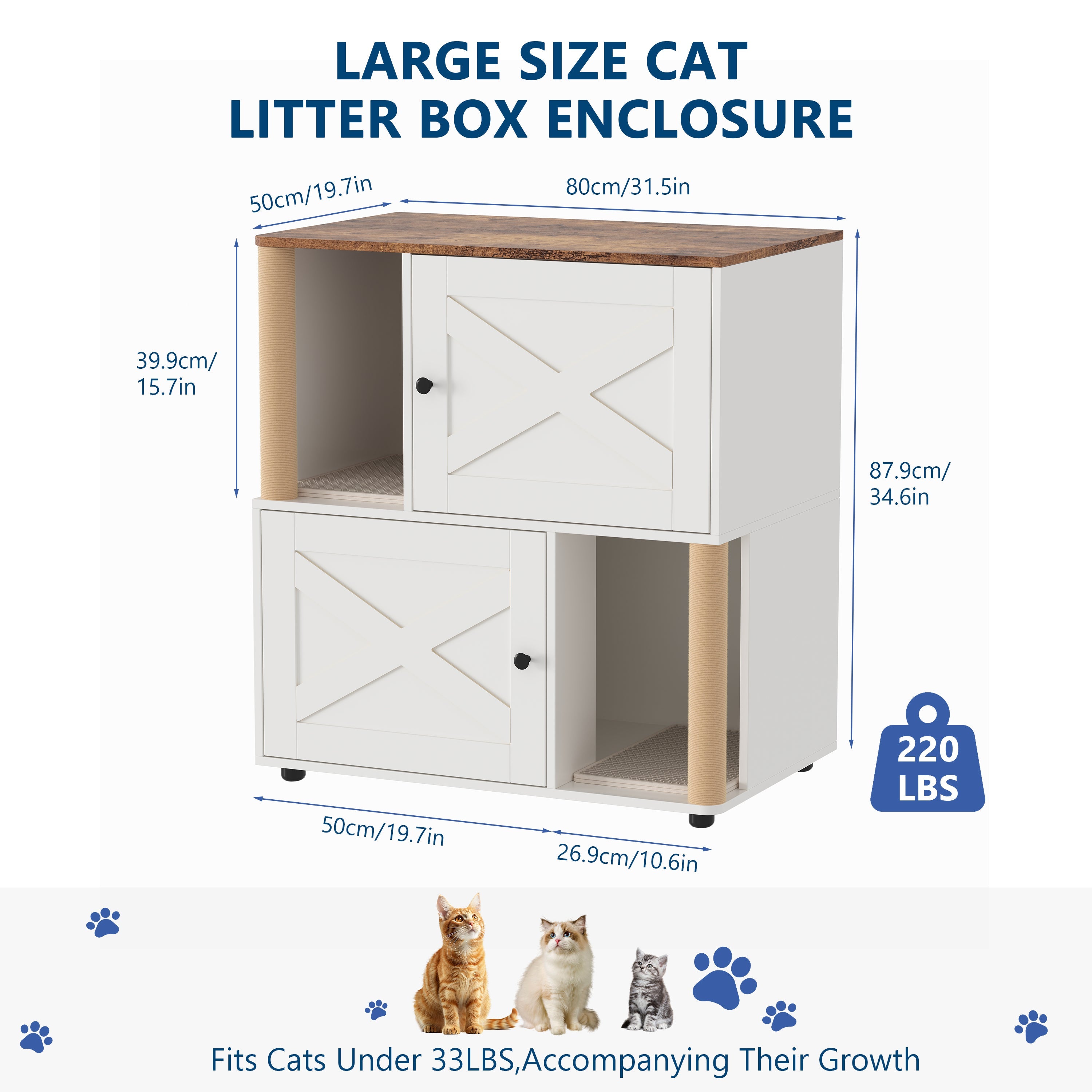 Garvee Double Cat Litter Box Enclosure Furniture – 2-Tier Hidden Litter Cabinet with Marking Post, Odor Control, Dual Mats, Dog-Proof, Multi-Cat Condo, End Table – X-Door White